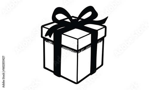 Black and white illustration of a gift box with ribbon. Vector retro hand drawn illustration.