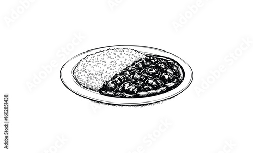 Plate of rice and black beans illustration - simple line art drawing of food. Vector retro hand drawn illustration.