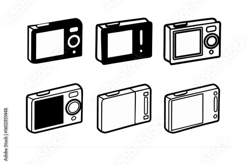 Collection of six stylized digital camera illustrations showing front and back views in a clean line art style