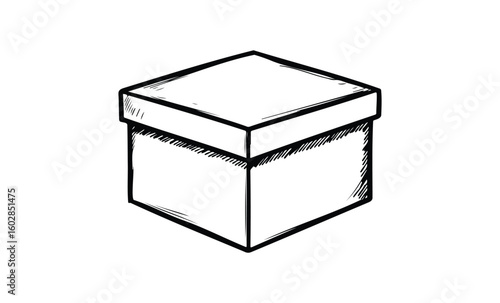 Simple hand-drawn square box sketch with lid in black and white. Vector retro hand drawn illustration.