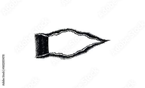 Torn white paper with rough black edged tear. Vector retro hand drawn illustration.