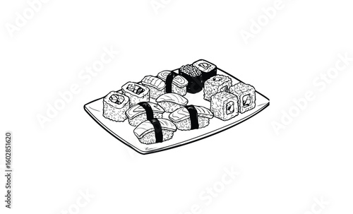 Monochrome sushi platter: assorted nigiri and maki on rectangular dish. Vector retro hand drawn illustration.