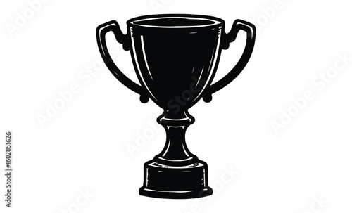 Elegant black trophy cup illustration with classic design. Vector retro hand drawn illustration.