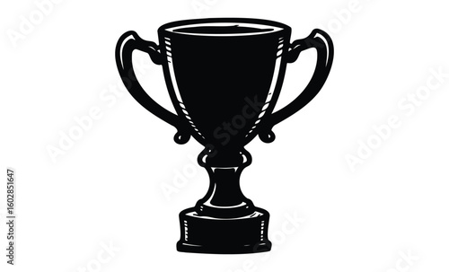 Black and white trophy illustration: classic victory cup silhouette design. Vector retro hand drawn illustration.