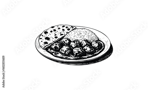Traditional curry dish with naan bread and rice. Vector retro hand drawn illustration.