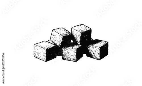 Black and white illustration of sugar cubes in a geometric pile. Vector retro hand drawn illustration.