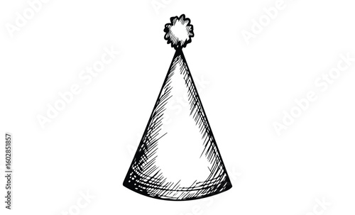 Sketch of a minimalist party hat with pom-pom on top. Vector retro hand drawn illustration.