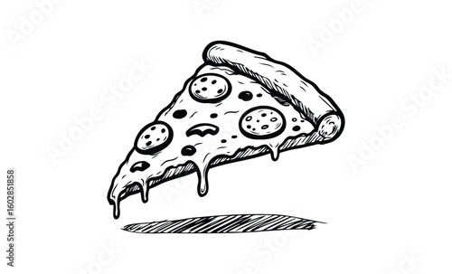 Hand-drawn pizza slice with melting cheese and pepperoni toppings. Vector retro hand drawn illustration.
