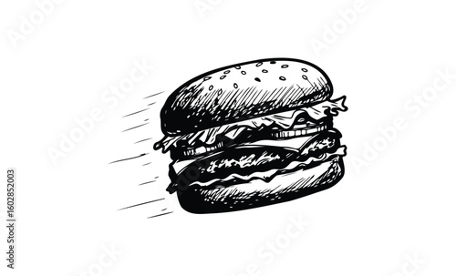 Hand-drawn flying burger illustration with lettuce, tomato, and cheese. Vector retro hand drawn illustration.