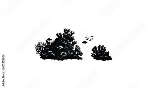 Silhouette of vibrant coral reef with fish in marine ecosystem. Vector retro hand drawn illustration.