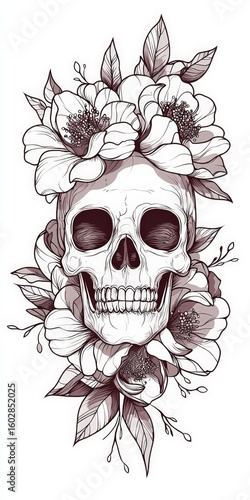 Tattoo design: skull with flowers, in black and white