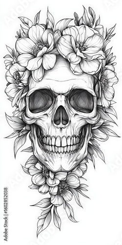 Tattoo design: skull with flowers, in black and white