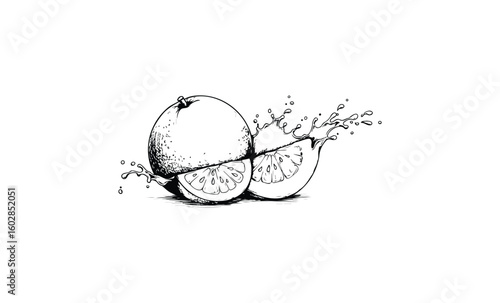 Black and white illustration of whole and sliced orange with splashing juice. Vector retro hand drawn illustration.