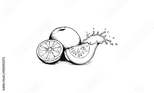 Black and white drawing of whole and sliced oranges with juice splash. Vector retro hand drawn illustration.
