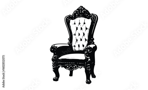 Elegant black vintage armchair with ornate design and high backrest. Vector retro hand drawn illustration.