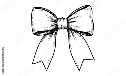 Hand-drawn bow knot illustration with long tails in black and white. Vector retro hand drawn illustration.