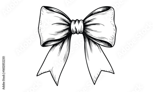 Hand-drawn decorative bow with ribbon in black and white. Vector retro hand drawn illustration.