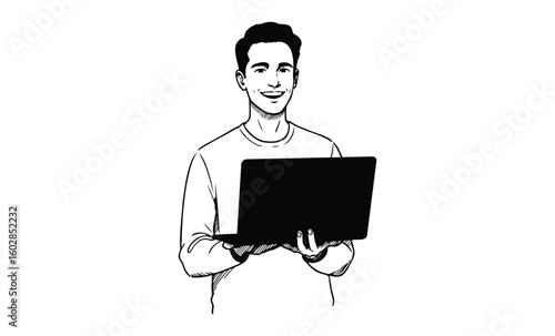 Smiling young caucasian male holding laptop illustration. Vector retro hand drawn illustration.
