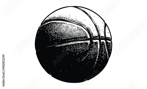 Detailed black and white basketball drawing with textured design. Vector retro hand drawn illustration.