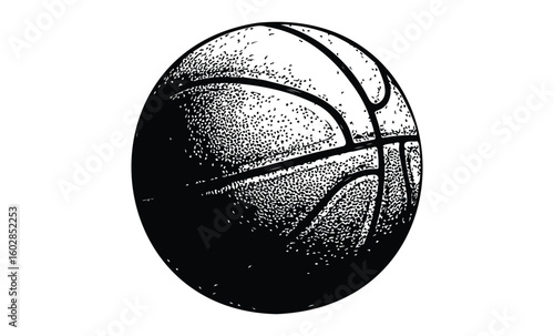 Black and white textured basketball illustration on white background. Vector retro hand drawn illustration.