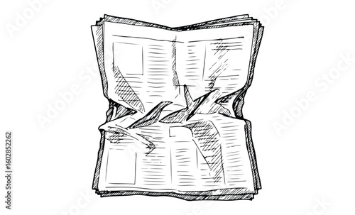 Crumpled newspaper sketch with torn pages and black ink lines. Vector retro hand drawn illustration.