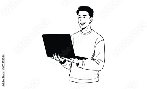 Young asian male using laptop with enthusiasm in casual attire. Vector retro hand drawn illustration.