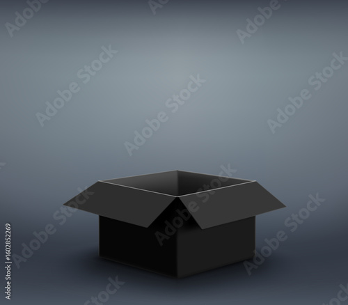Open black cardboard box on a dark background. Vector mockup.