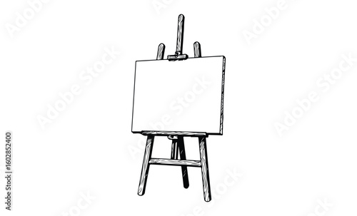 Blank easel with canvas for artistic inspiration and creativity. Vector retro hand drawn illustration.