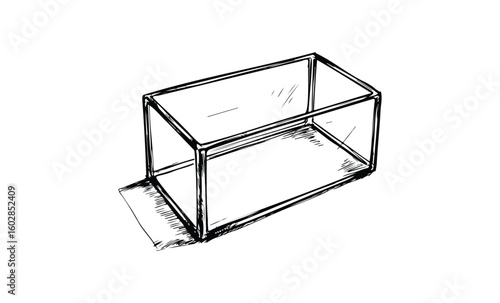 Simple sketch of a rectangular glass box in black and white. Vector retro hand drawn illustration.