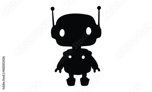 Cute black silhouette of a small robot with antennas and round eyes. Vector retro hand drawn illustration.