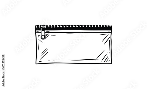 Black and white sketch of a transparent zippered pouch. Vector retro hand drawn illustration.