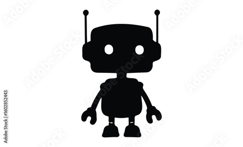Silhouette of a robot with antennae and button eyes on white background. Vector retro hand drawn illustration.