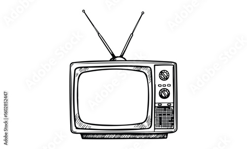 Vintage television drawing with antennas and dials in black and white. Vector retro hand drawn illustration.