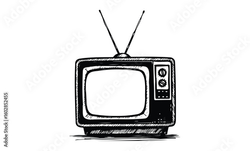 Retro television set with antennas line art drawing in black and white. Vector retro hand drawn illustration.