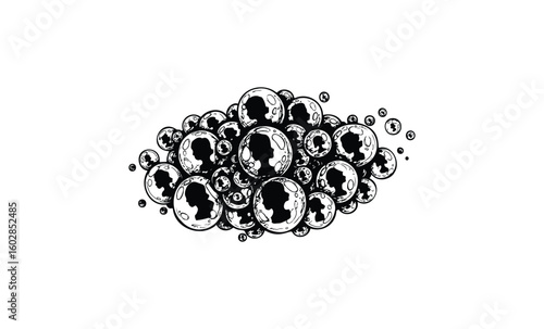 Hand-drawn black and white abstract bubbles cluster on white background. Vector retro hand drawn illustration.