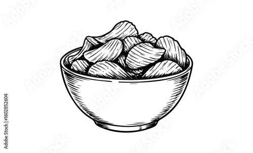 Monochrome sketch of potato chips in a bowl - black and white artwork. Vector retro hand drawn illustration.