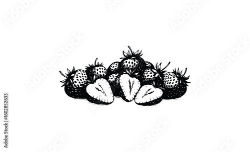 Black and white strawberries illustration with halved fruit. Vector retro hand drawn illustration.