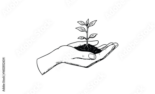 Hand holding seedling sketch symbolizing growth and new beginnings. Vector retro hand drawn illustration.
