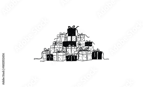 Pile of assorted wrapped gift boxes with bows black and white drawing. Vector retro hand drawn illustration.