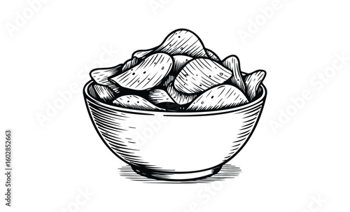 Hand-drawn sketch of bowl filled with crispy potato chips. Vector retro hand drawn illustration.