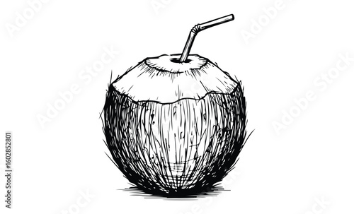 Black and white sketch of a coconut with straw. Vector retro hand drawn illustration.