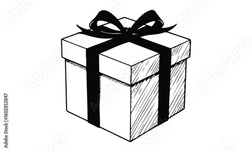 Black and white gift box with ribbon illustration. Vector retro hand drawn illustration.