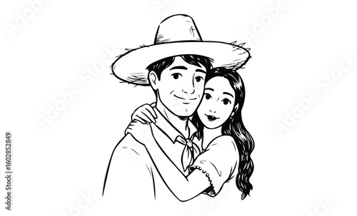 Young hispanic couple embracing, wearing traditional attire with straw hat. Vector retro hand drawn illustration.