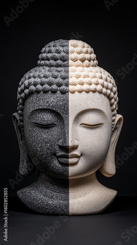 The Buddha's head is carved in the form of two faces