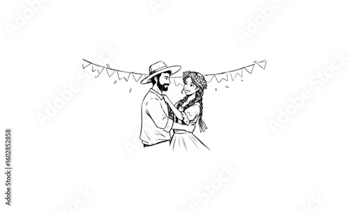 Young hispanic couple dancing at celebration with bunting decor. Vector retro hand drawn illustration.