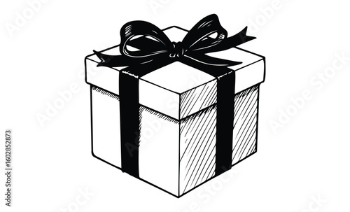 Black and white gift box with ribbon bow in sketch style. Vector retro hand drawn illustration.