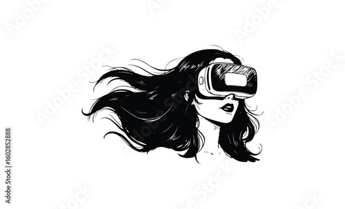 Female with vr headset and flowing hair in black and white illustration. Vector retro hand drawn illustration.