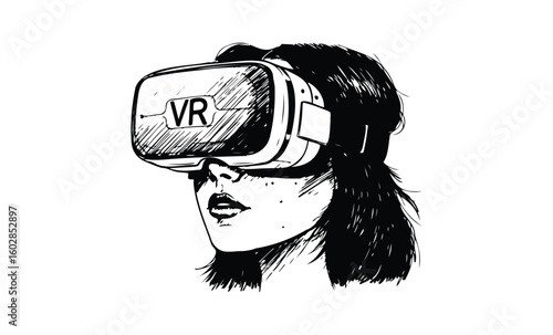 Young asian female experiencing virtual reality with headset. Vector retro hand drawn illustration.