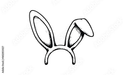 Black and white bunny ears headband illustration on white background. Vector retro hand drawn illustration.