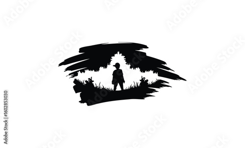 Silhouette of lone child in nature-themed abstract brush art. Vector retro hand drawn illustration.